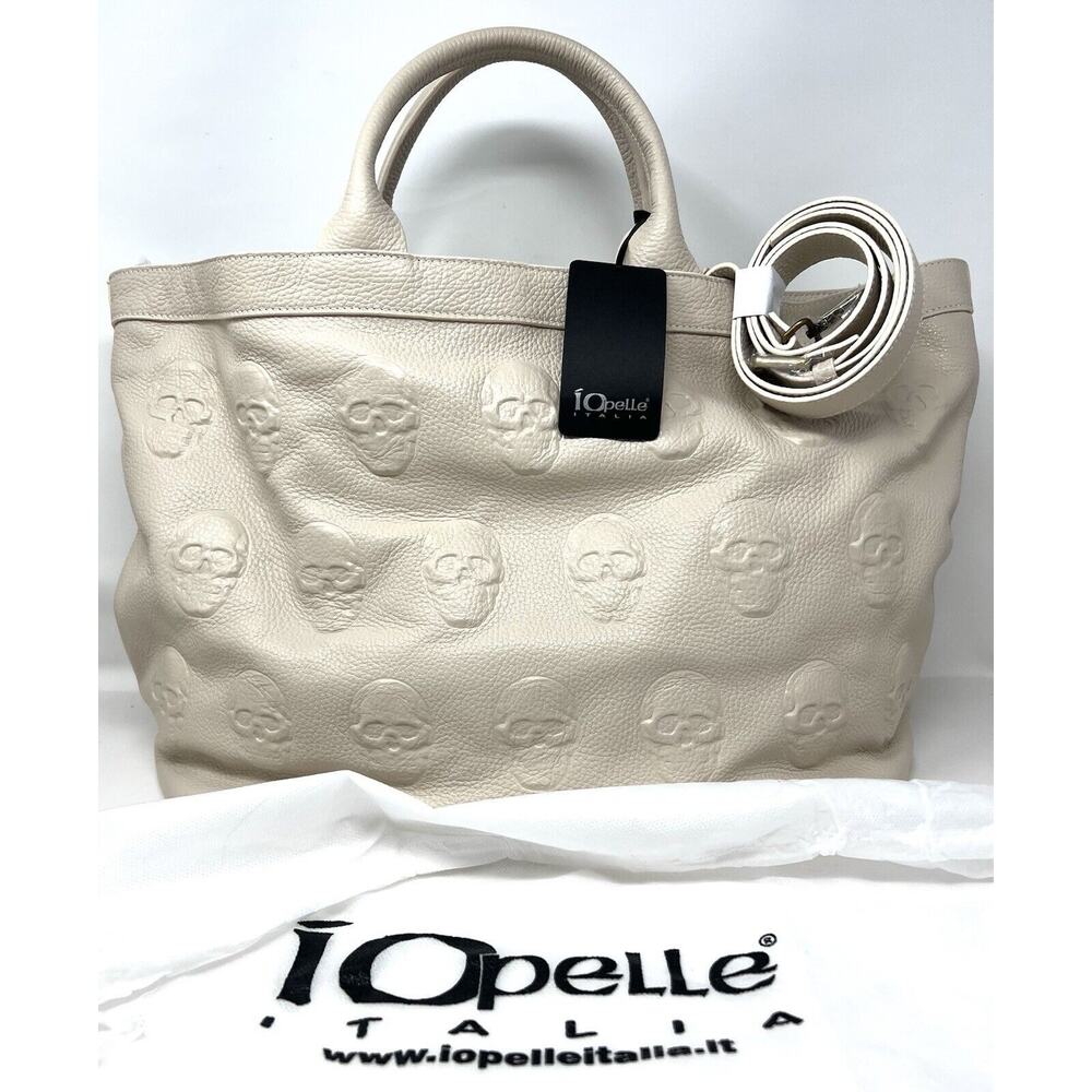 IO PELLE Italia Skull Embossed Leather Tote Bag LATTE Beige XL Weekender Xbody
